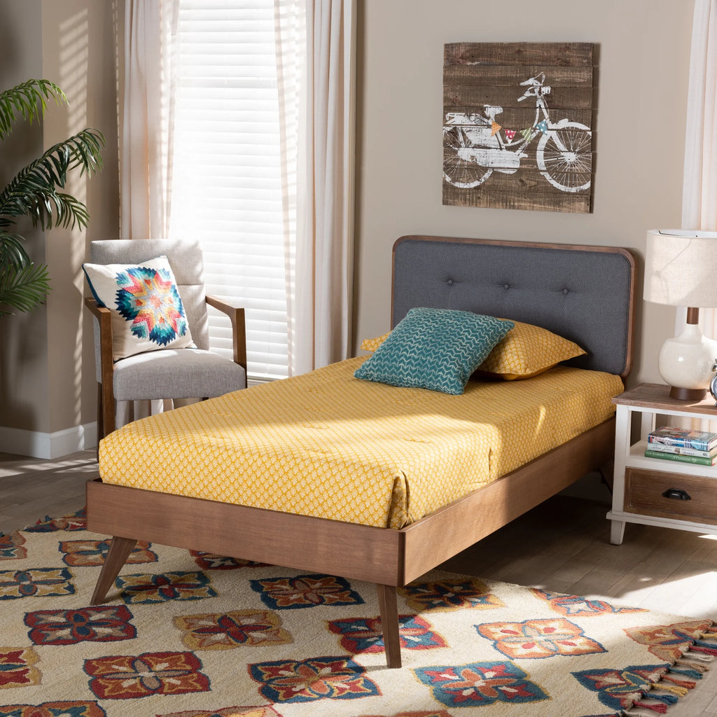 Twin Dark Grey Walnut Brown Upholstered Tufted Platform Bed Z5790
