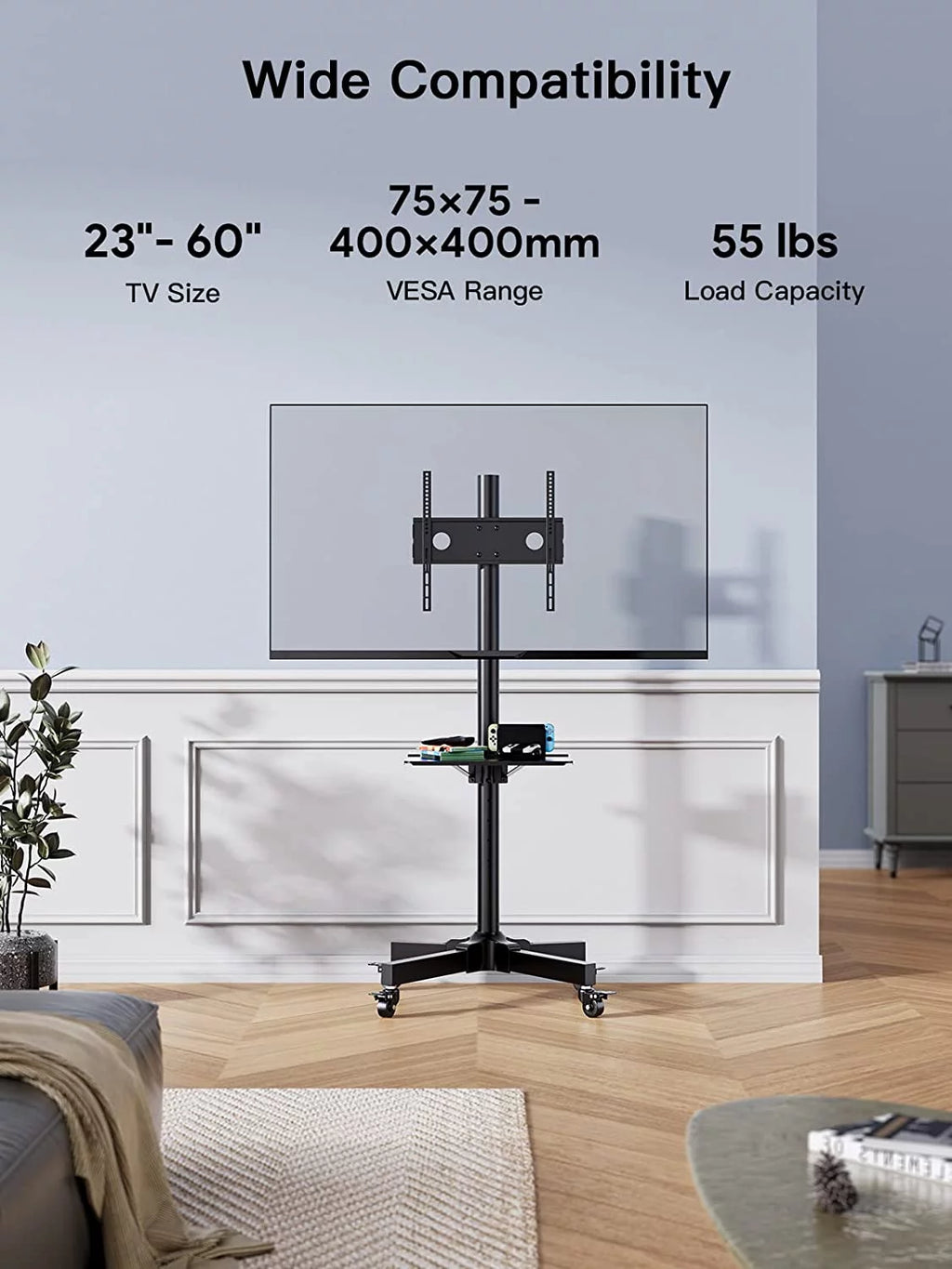 Black Height Adjustable Mobile TV Stand with Wheels Z199715