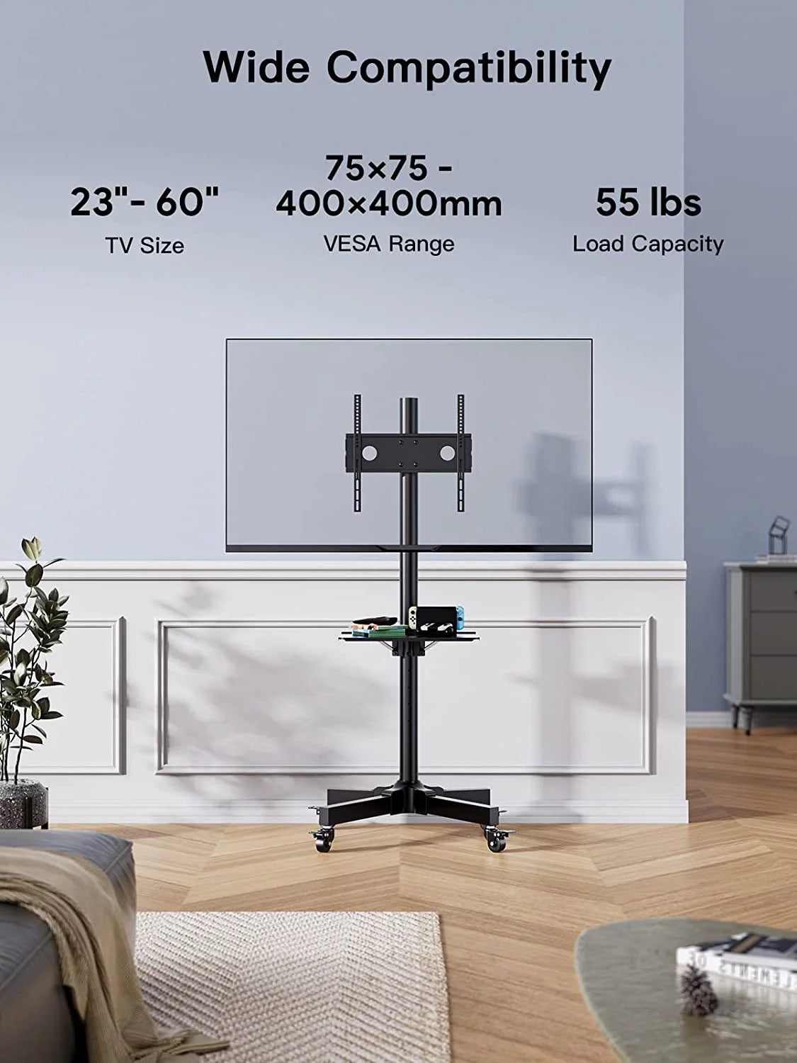 Black Height Adjustable Mobile TV Stand with Wheels Z199715
