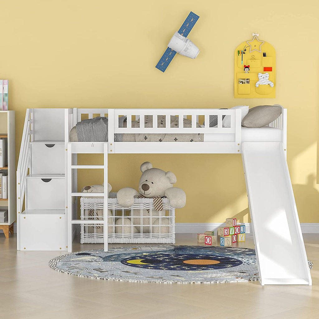 White Wooden Low Loft Bed Frame With Storage R557498