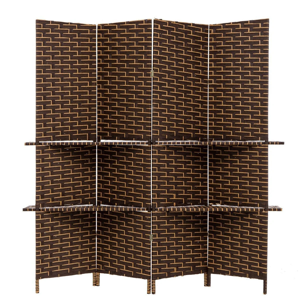 Freestanding Woven Bamboo 4 Panels Hinged Privacy Screen with Shelves U758