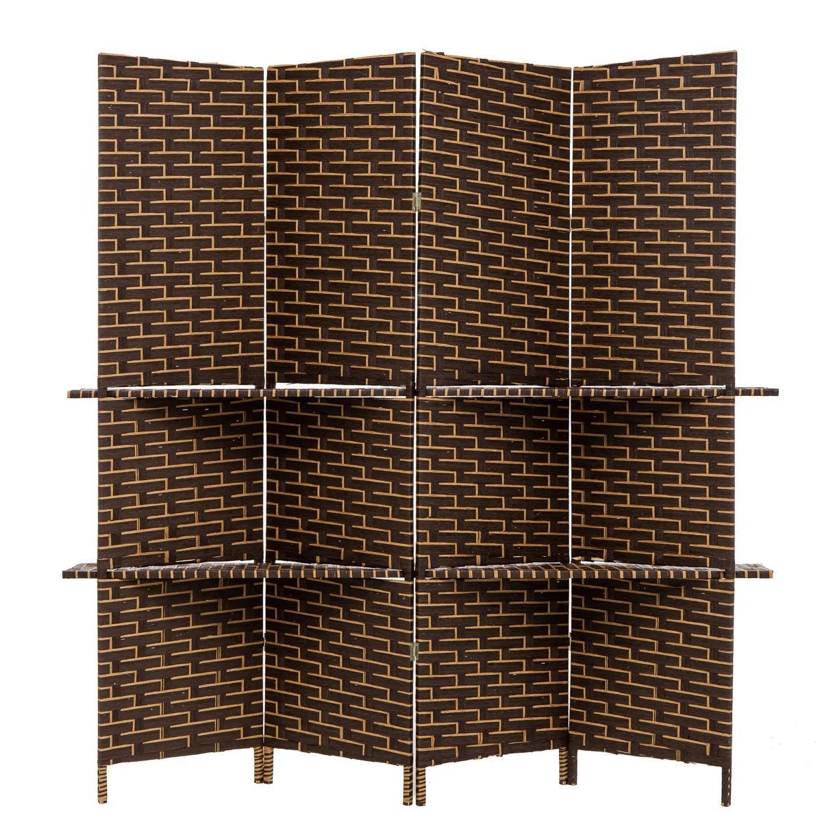 Freestanding Woven Bamboo 4 Panels Hinged Privacy Screen with Shelves U758