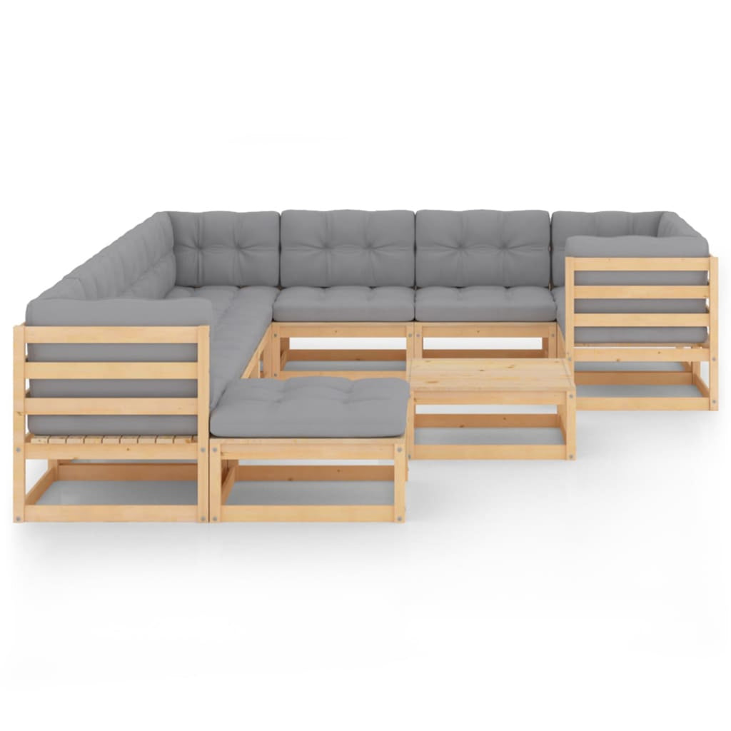 11 Piece Gray Cushioned Pinewood Sectional Outdoor Furniture Set X933