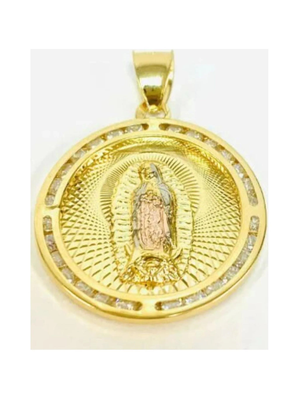 14K Gold Filled Tri Color Virgen de Guadalupe Necklace Figaro Chain R1889