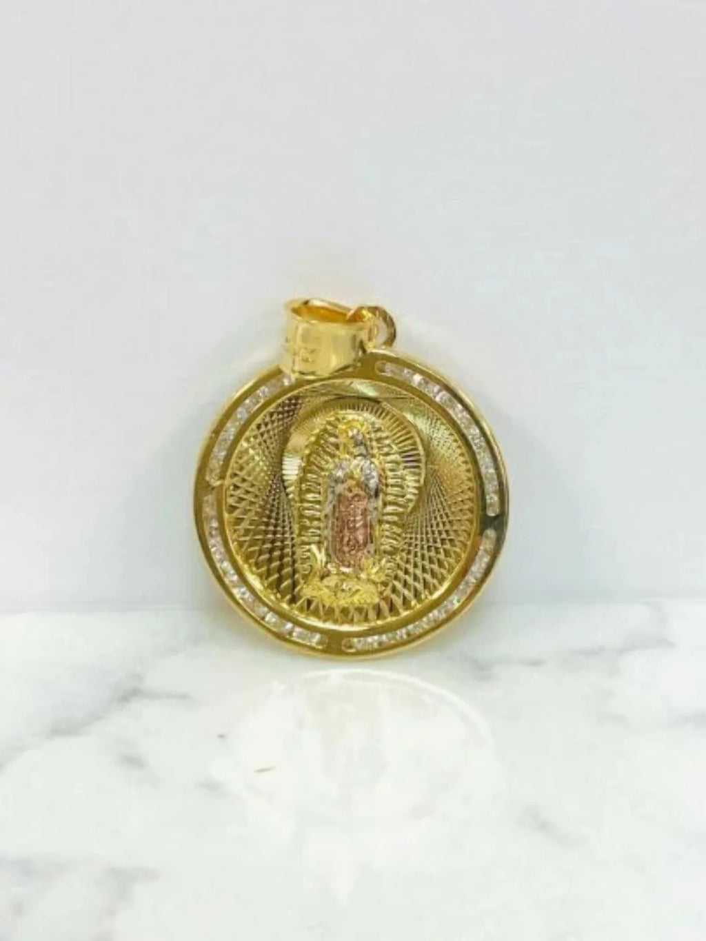 14K Gold Filled Tri Color Virgen de Guadalupe Necklace Figaro Chain R1889