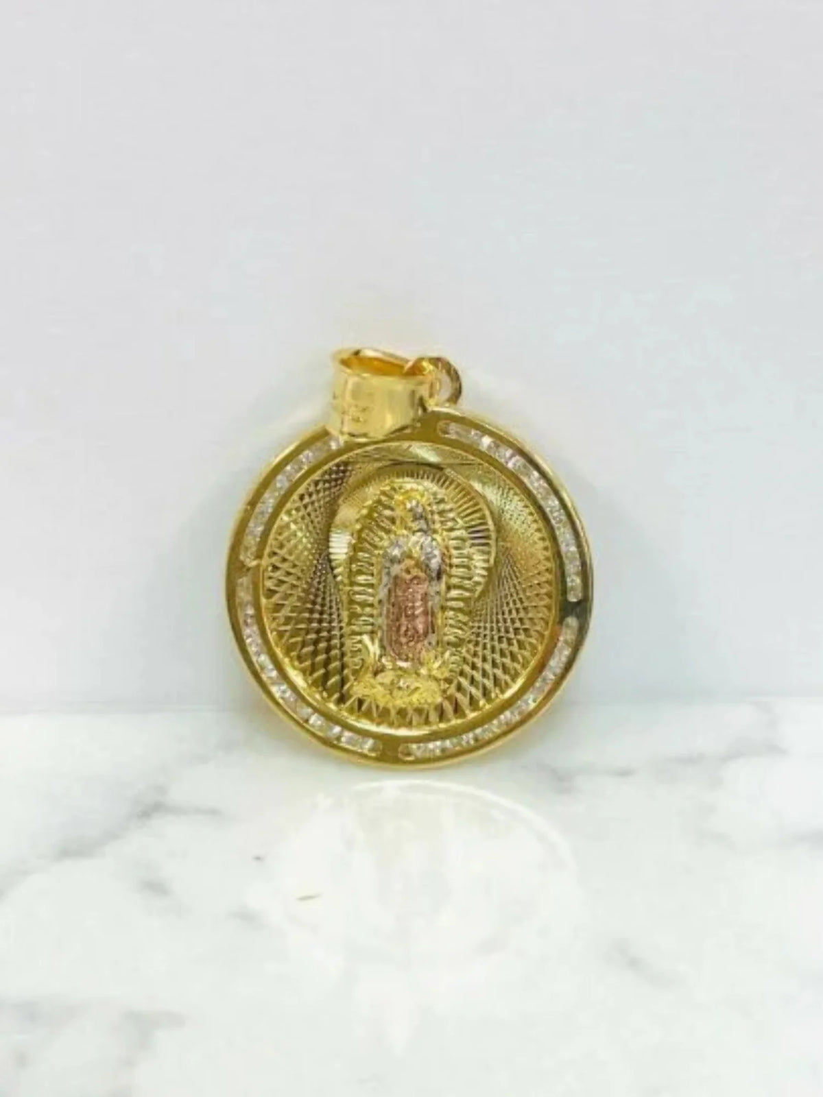 14K Gold Filled Tri Color Virgen de Guadalupe Necklace Figaro Chain R1889