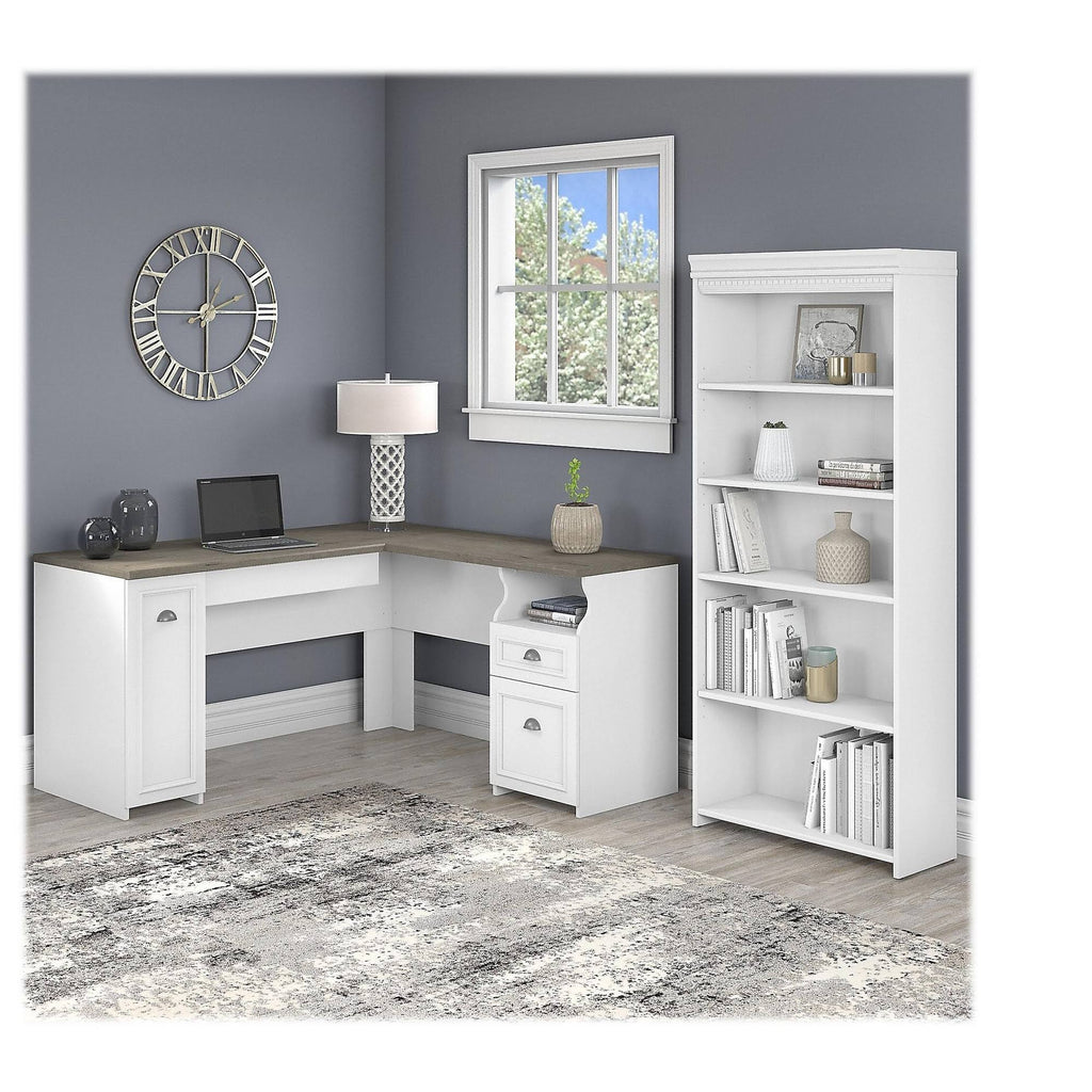 Gray L Shaped Desk with 5 Shelf Bookcase L4849
