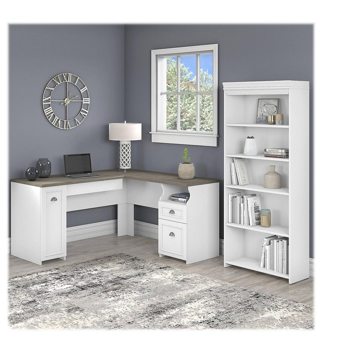 Gray L Shaped Desk with 5 Shelf Bookcase L4849