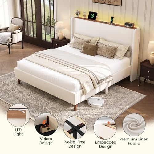 Queen Size Linen Upholstered Platform Bed Frame with Storage Shelf U698