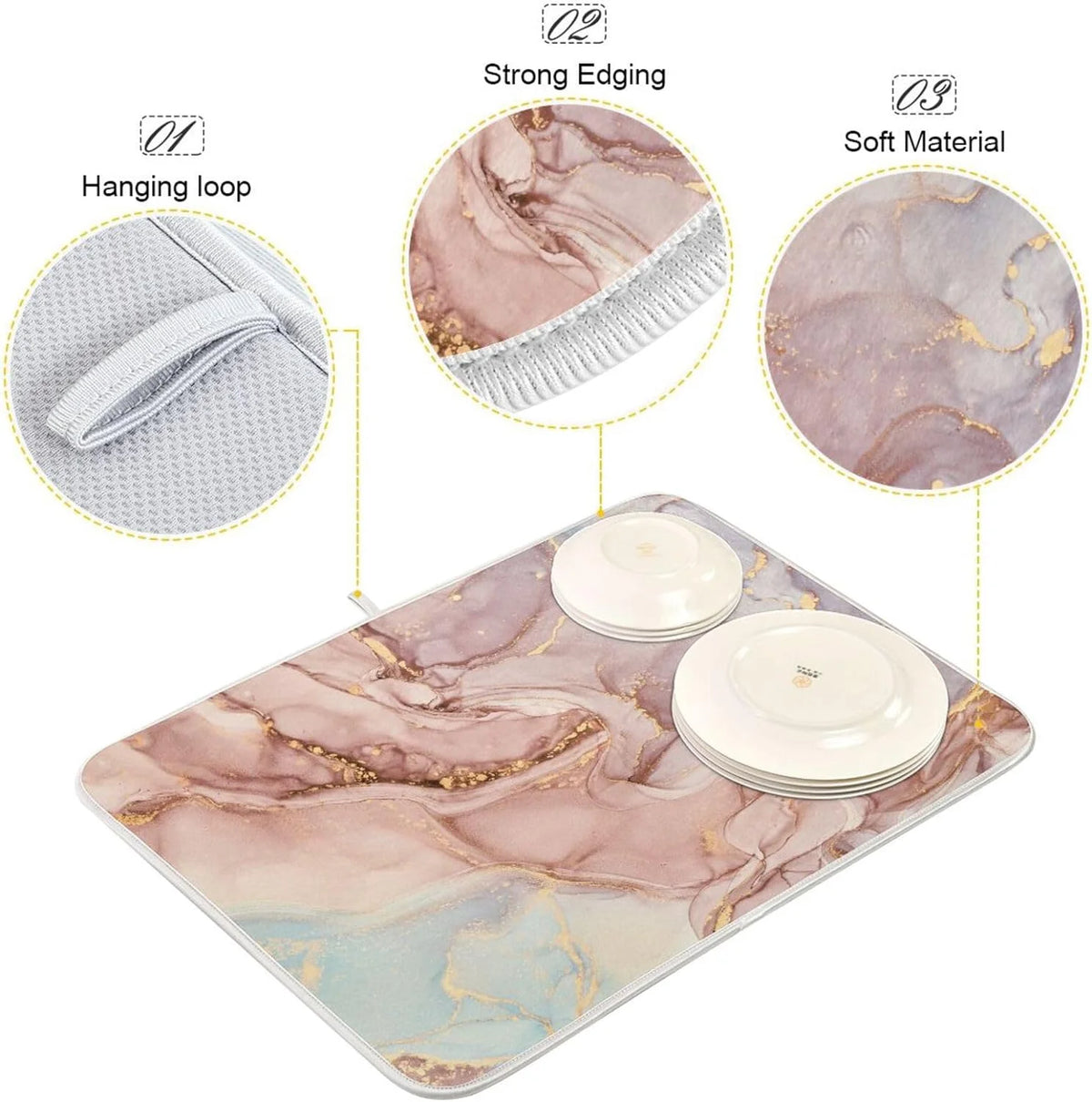 Gold Pink Marble Texture Dish Drying Mat 16x18Inch K8885