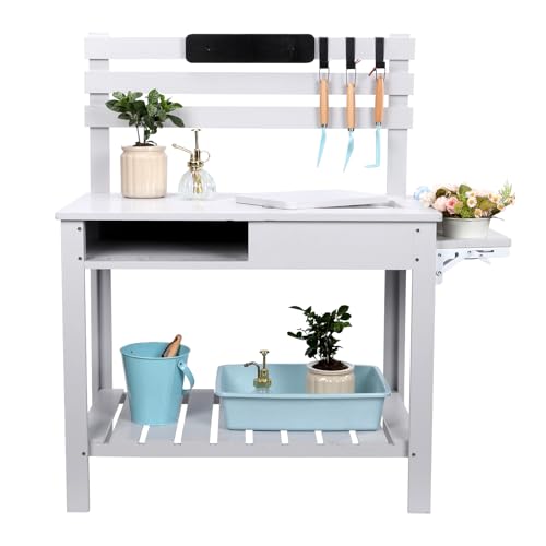 Wooden Potting Bench Table with 3 Side Hook Shelf P5347