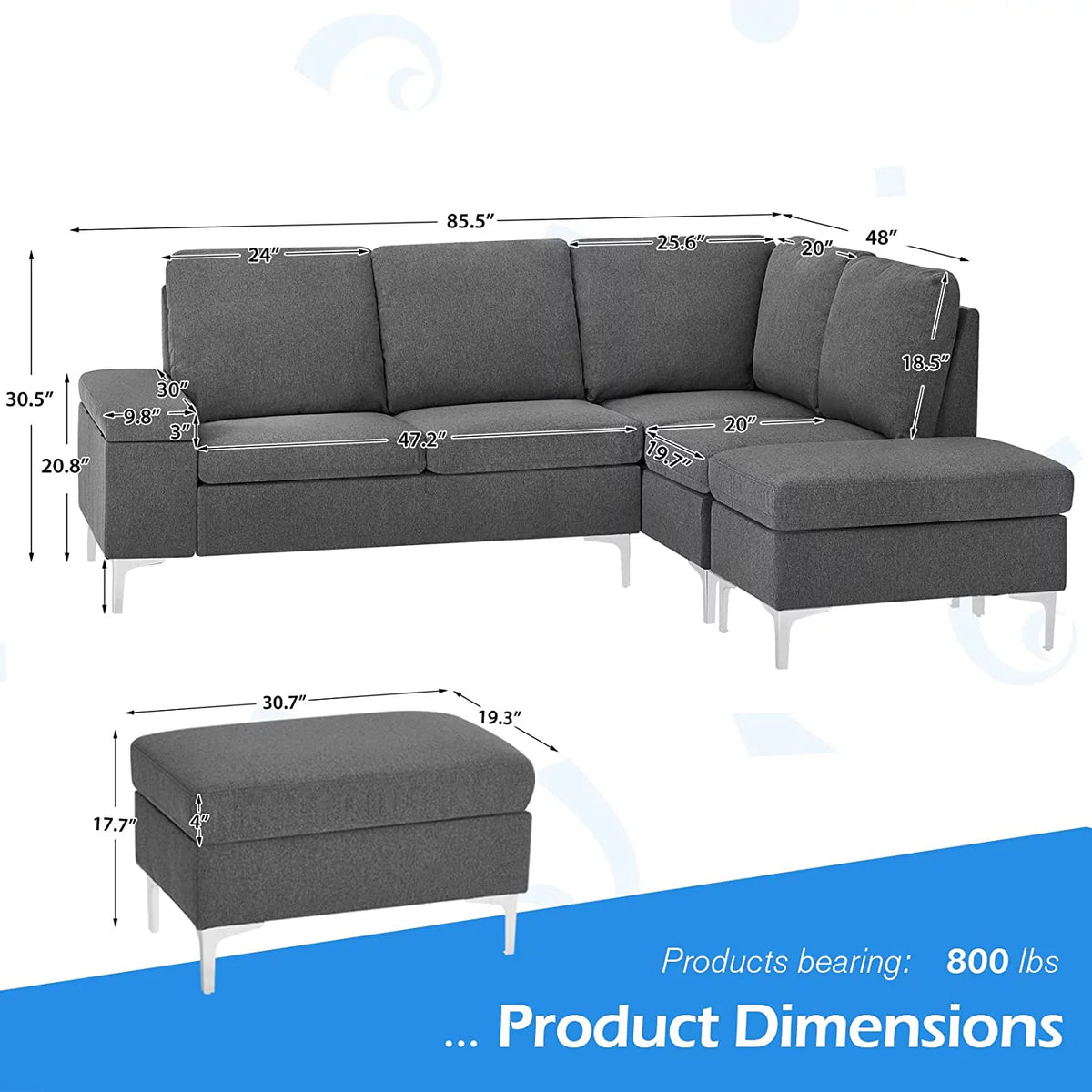 85.5" Right Facing Sectional Sofa with Ottoman in Gray O475839