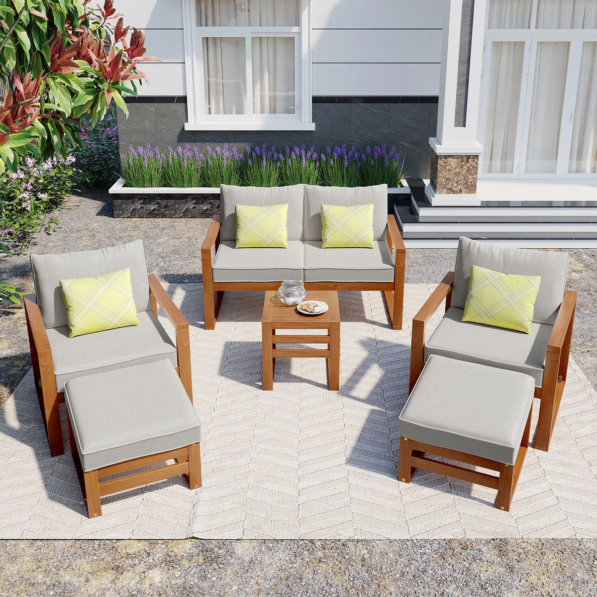 6 Piece Solid Wood Patio Furniture Set with Gray Cushions E47479