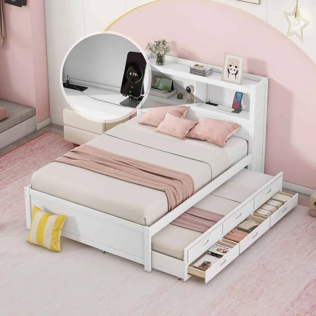 White Full Size Wood Platform Bed with Trundle and Storage Drawers U879252