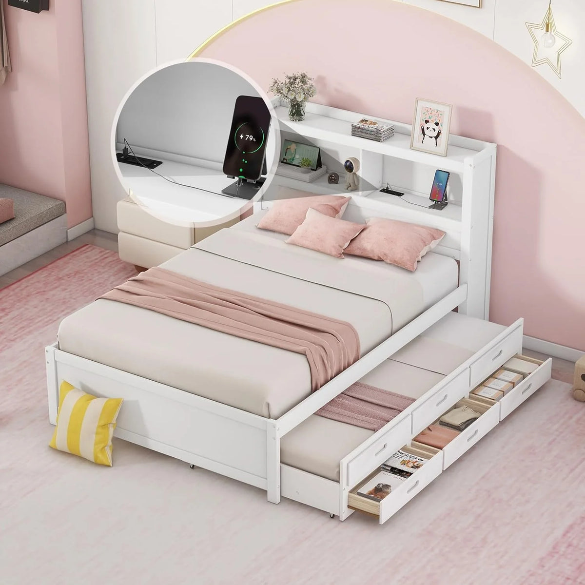White Full Size Wood Platform Bed with Trundle and Storage Drawers U879252
