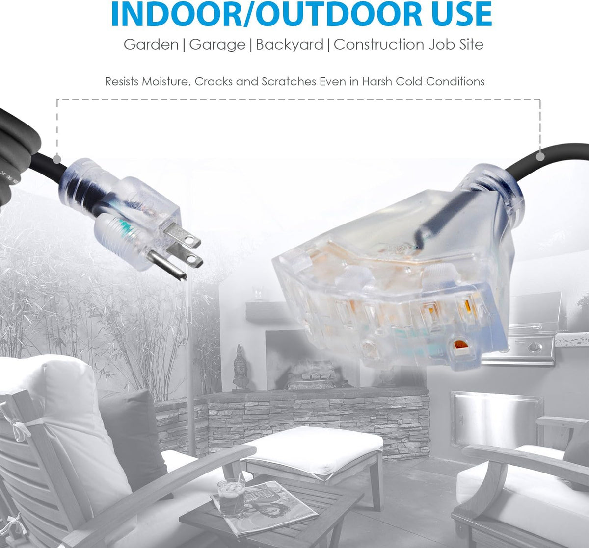 50 FT 12/3 Outdoor Extension Cord, Triple Outlet Black D22894