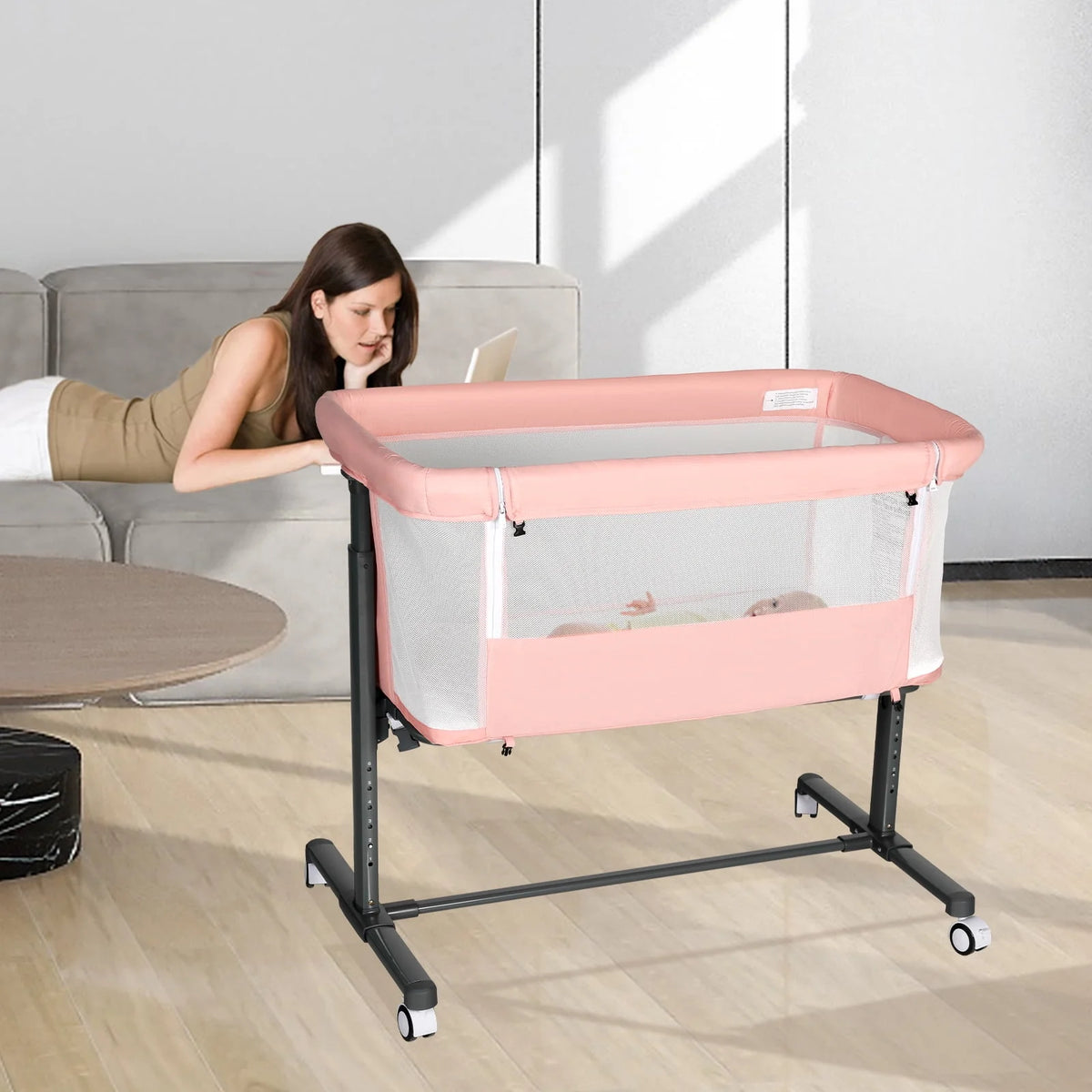 Baby Bassinet with Wheels Adjustable Bedside Sleeper Grey H817