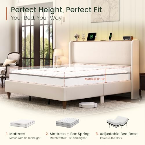 Queen Size Linen Upholstered Platform Bed Frame with Storage Shelf U698