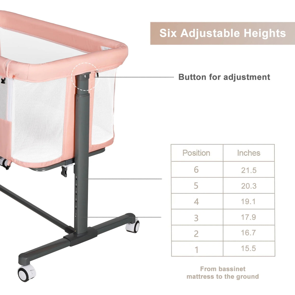 Baby Bassinet with Wheels Adjustable Bedside Sleeper Grey H817