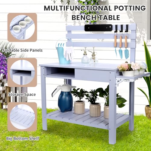 Wooden Potting Bench Table with 3 Side Hook Shelf P5347