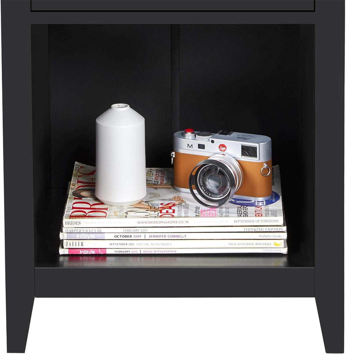 Black 2 Tier Wood Side Table with 1 Drawer and Bottom Shelf O442