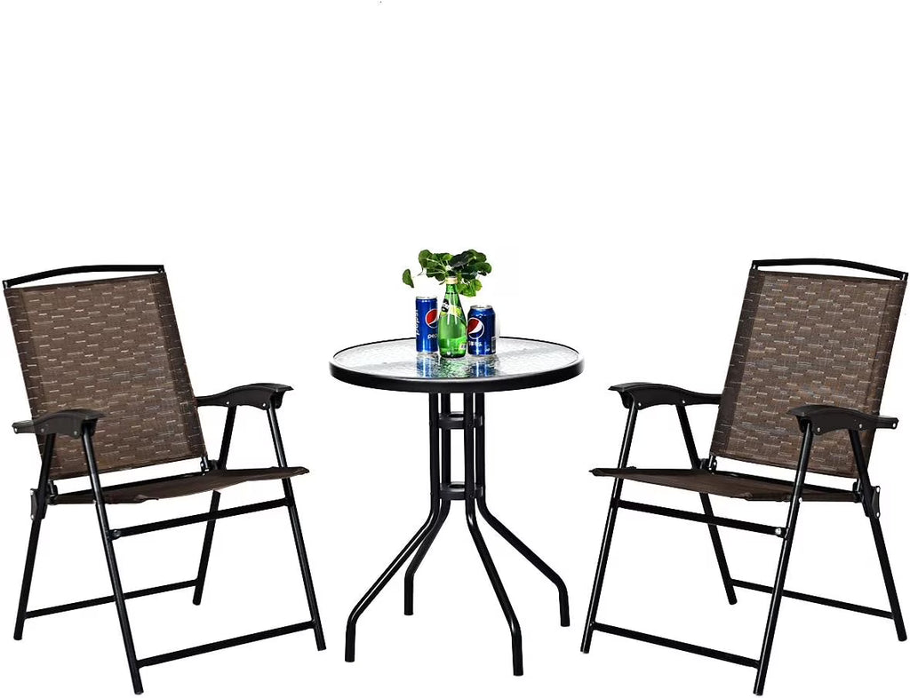 3-Piece Patio Bistro Set with Round Tempered Glass Table and 2 Foldable Chairs E307743