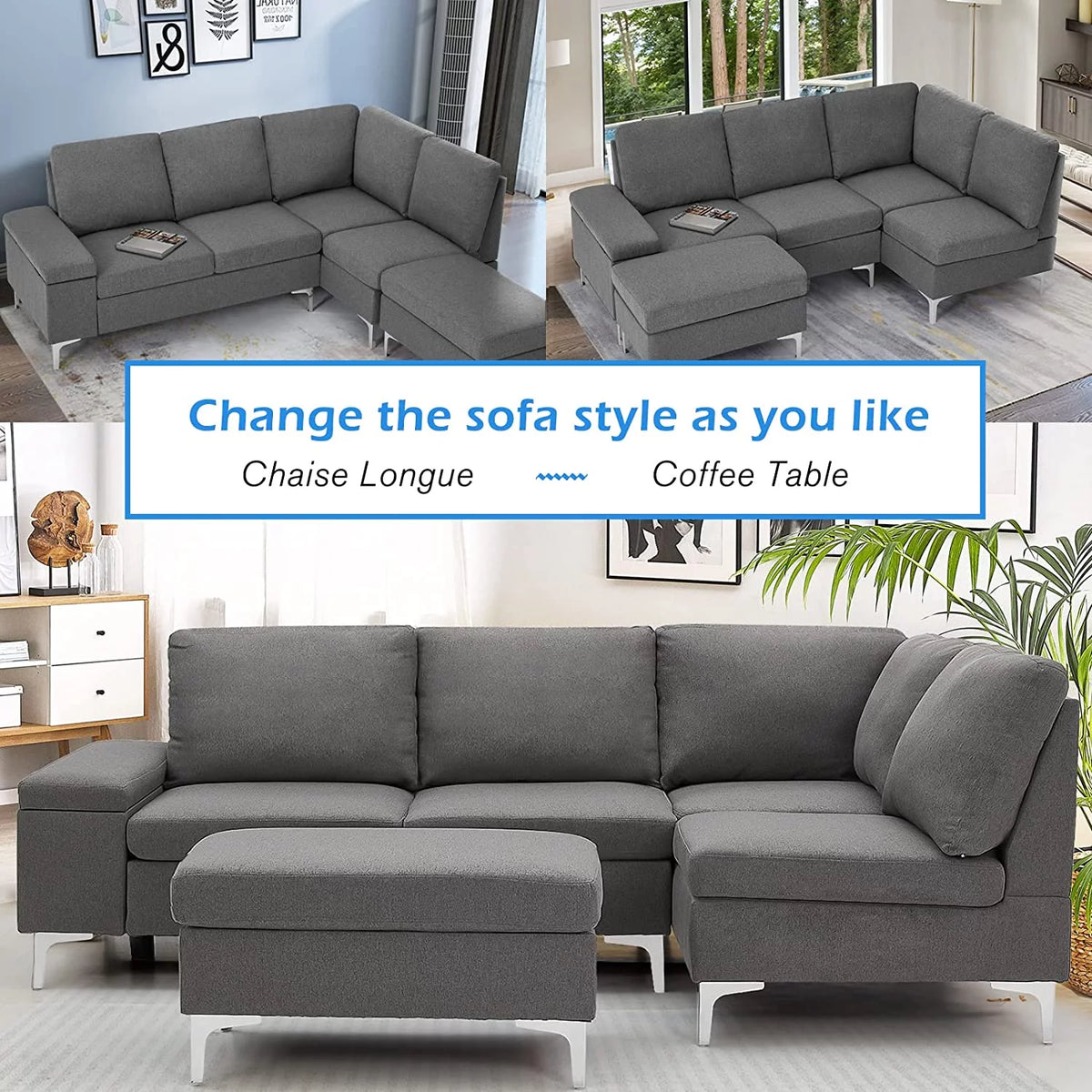 85.5" Right Facing Sectional Sofa with Ottoman in Gray O475839