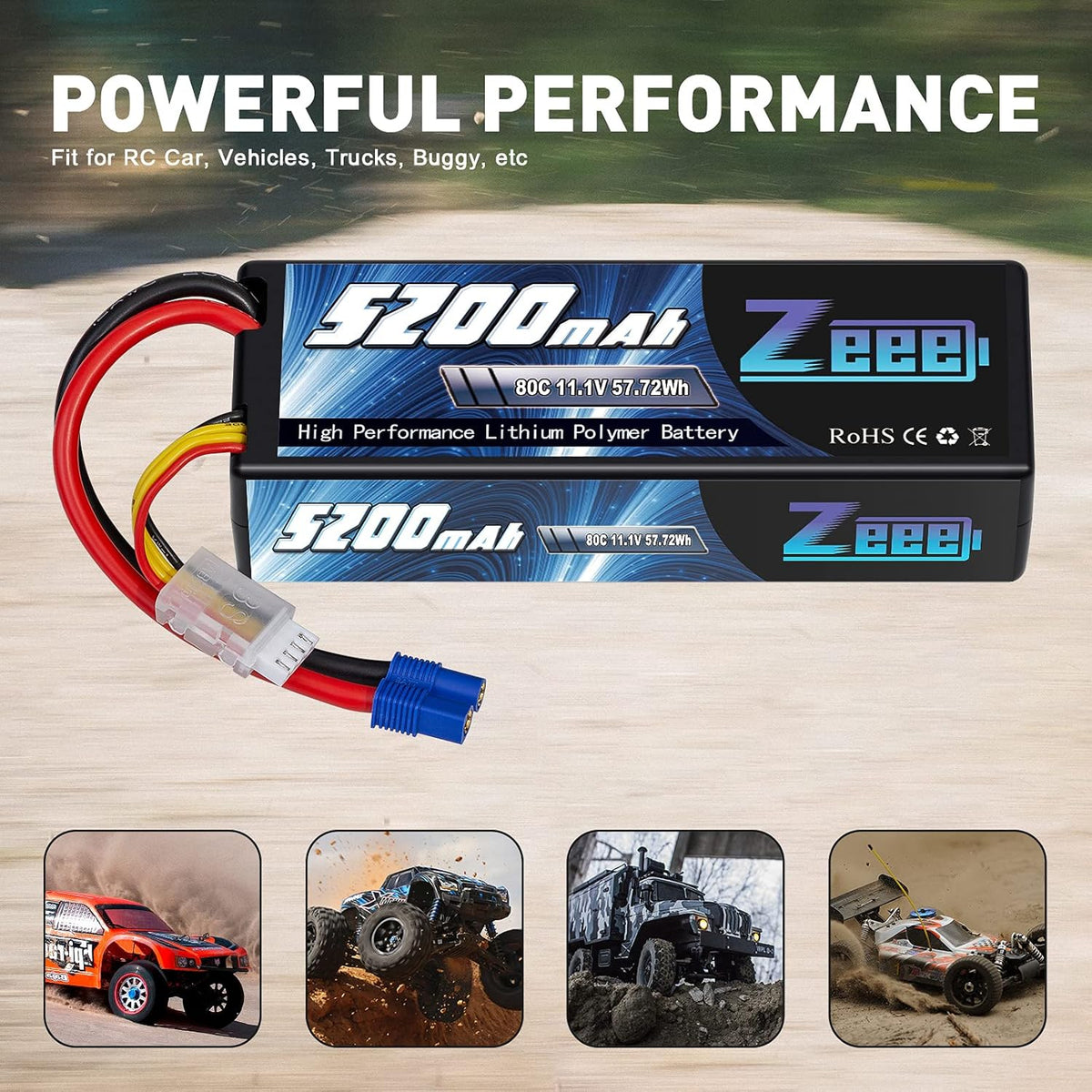 3S Lipo Battery 5200mAh 11.1V 80C with EC3 Plug Hard Case Battery (2 Pack) B221238