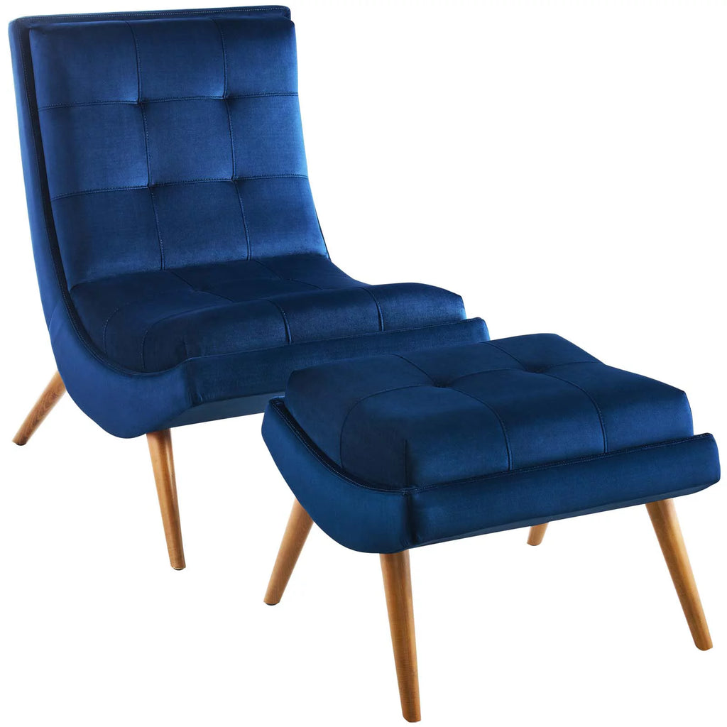 Navy Velvet Lounge Chair and Ottoman Set C779