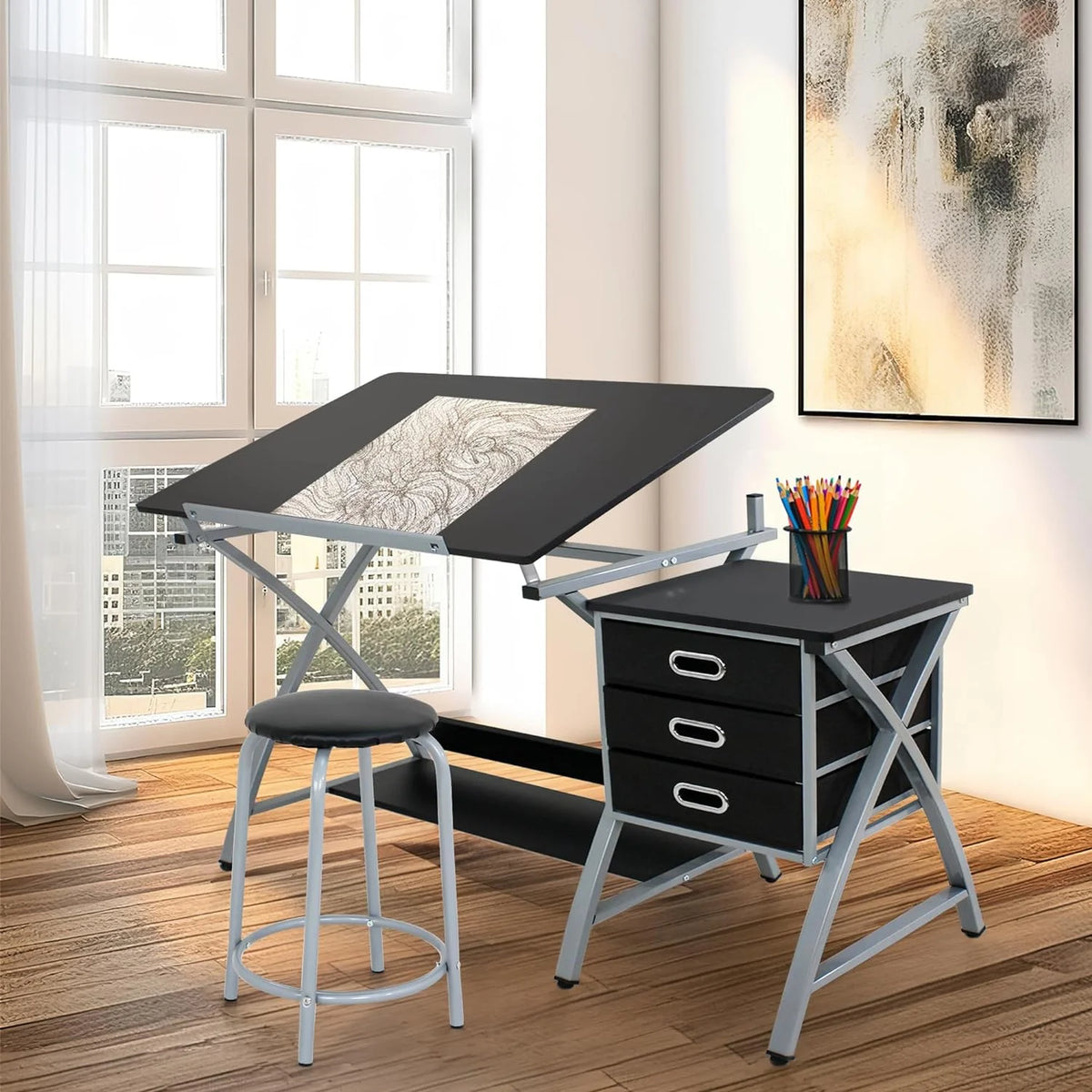 Height Adjustable Art Desk with 3 Storage Drawers U712