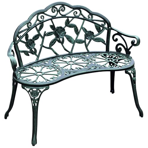 Green Cast Aluminum Metal Bench with Floral Rose Accent O8135