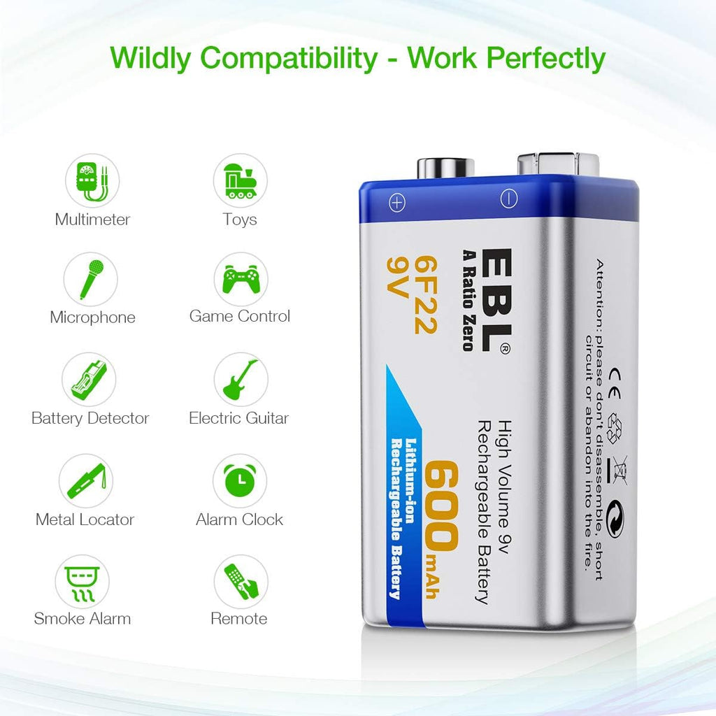 4-Pack 9V Li-ion Rechargeable Batteries with Charger H693