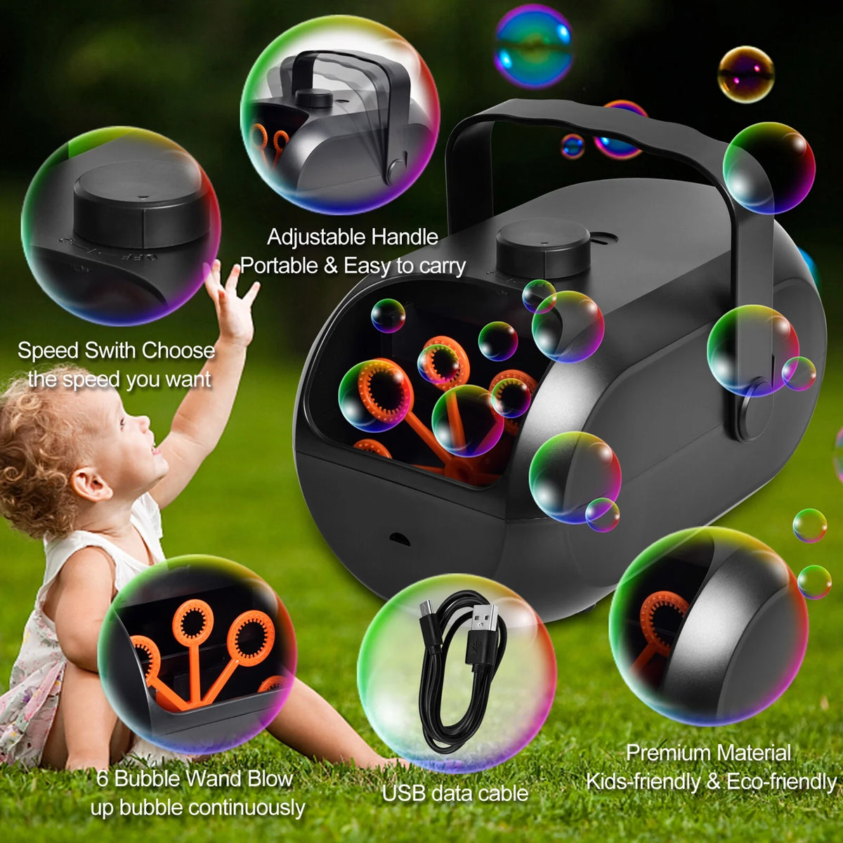 Portable Automatic Bubble Maker with 6 Bubble Wands M168