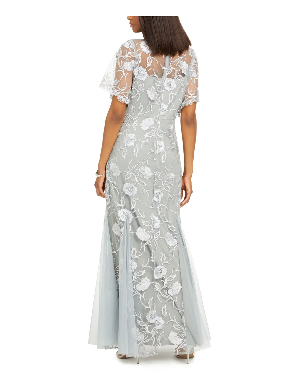 Gray Embroidered Floral Flutter Sleeve V Neck Full-Length Evening Gown Dress Petites 16P T63872