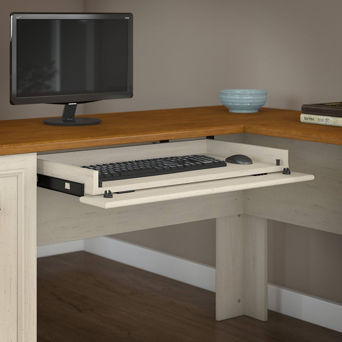 Gray L Shaped Desk with 5 Shelf Bookcase L4849