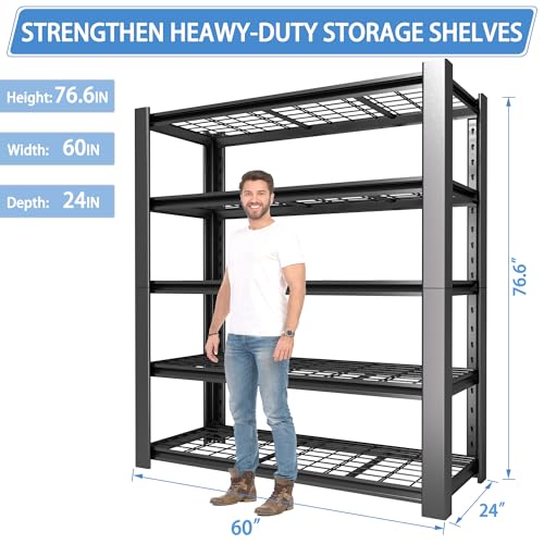 5-Tier Heavy Duty Metal Garage Shelving Unit with Wire Shelves, 3000 LBS Capacity, 76"H x 60"W x 24"D, Adjustable Boltless Steel Shelves C72947