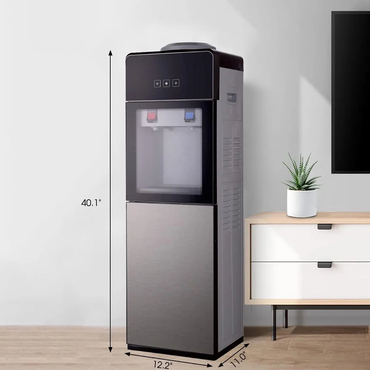 Top-Loading Water Dispenser for 5 Gallon Bottles, Hot & Cold Water Cooler with Storage Cabinet & Glass Door, Gray B2230