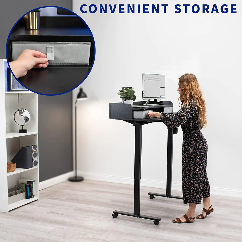 Dark Walnut Top Black Frame 2-Tier Height Adjustable Stand Up Desk I3691