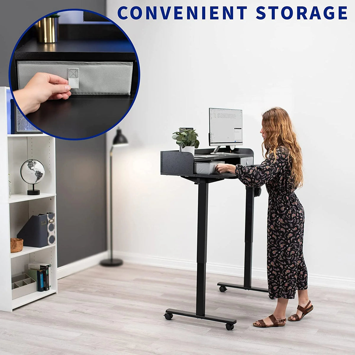 Dark Walnut Top Black Frame 2-Tier Height Adjustable Stand Up Desk I3691