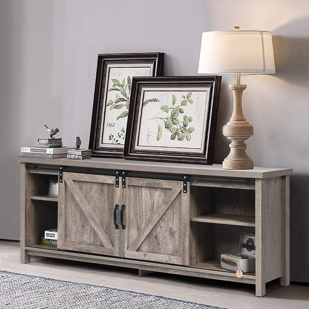 Rustic Gray Wash Wood TV Stand with Sliding Barn Door U365