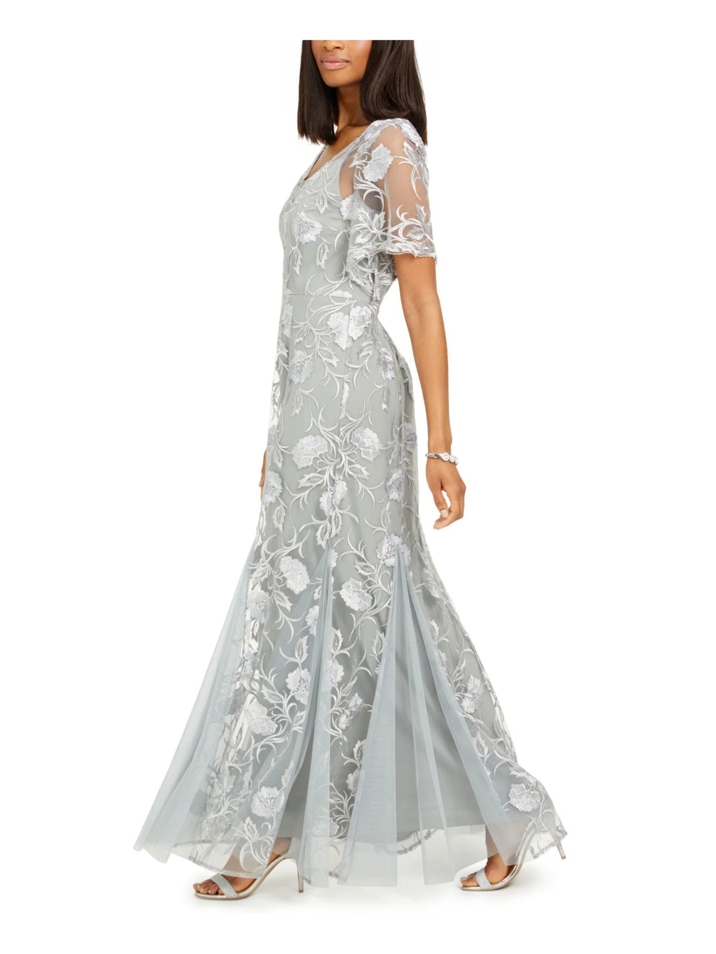 Gray Embroidered Floral Flutter Sleeve V Neck Full-Length Evening Gown Dress Petites 16P T63872
