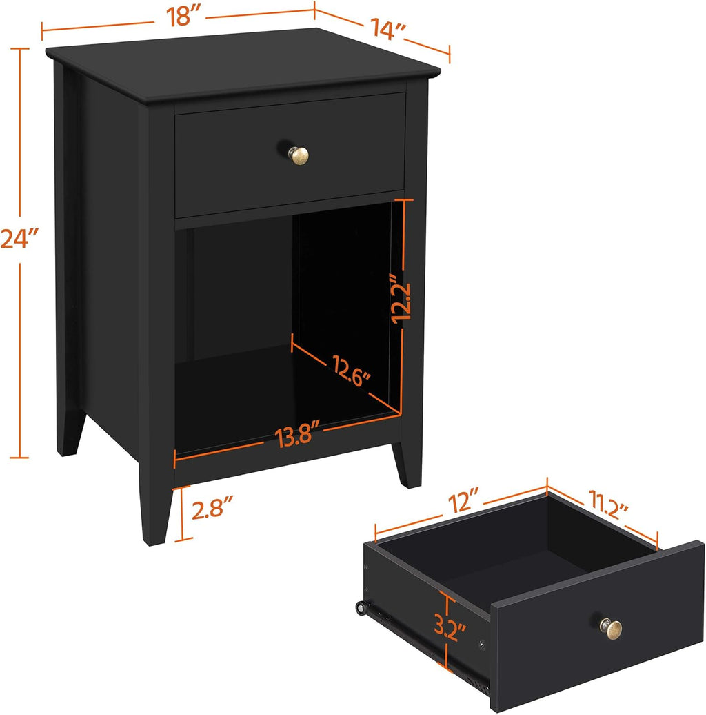 Black 2 Tier Wood Side Table with 1 Drawer and Bottom Shelf O442