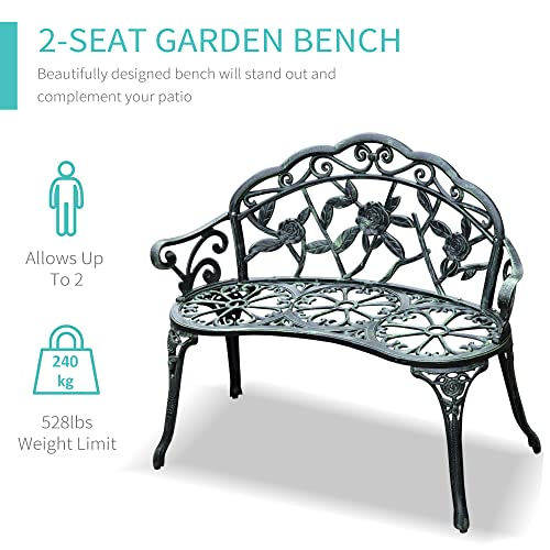 Green Cast Aluminum Metal Bench with Floral Rose Accent O8135