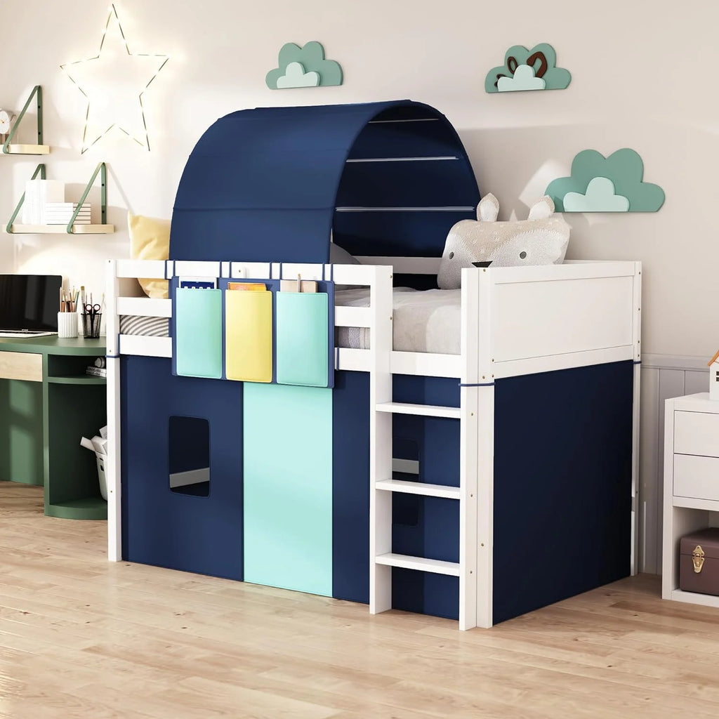 Blue Wood Low Loft Bed Frame with Tent, Tower and Three Pockets P869