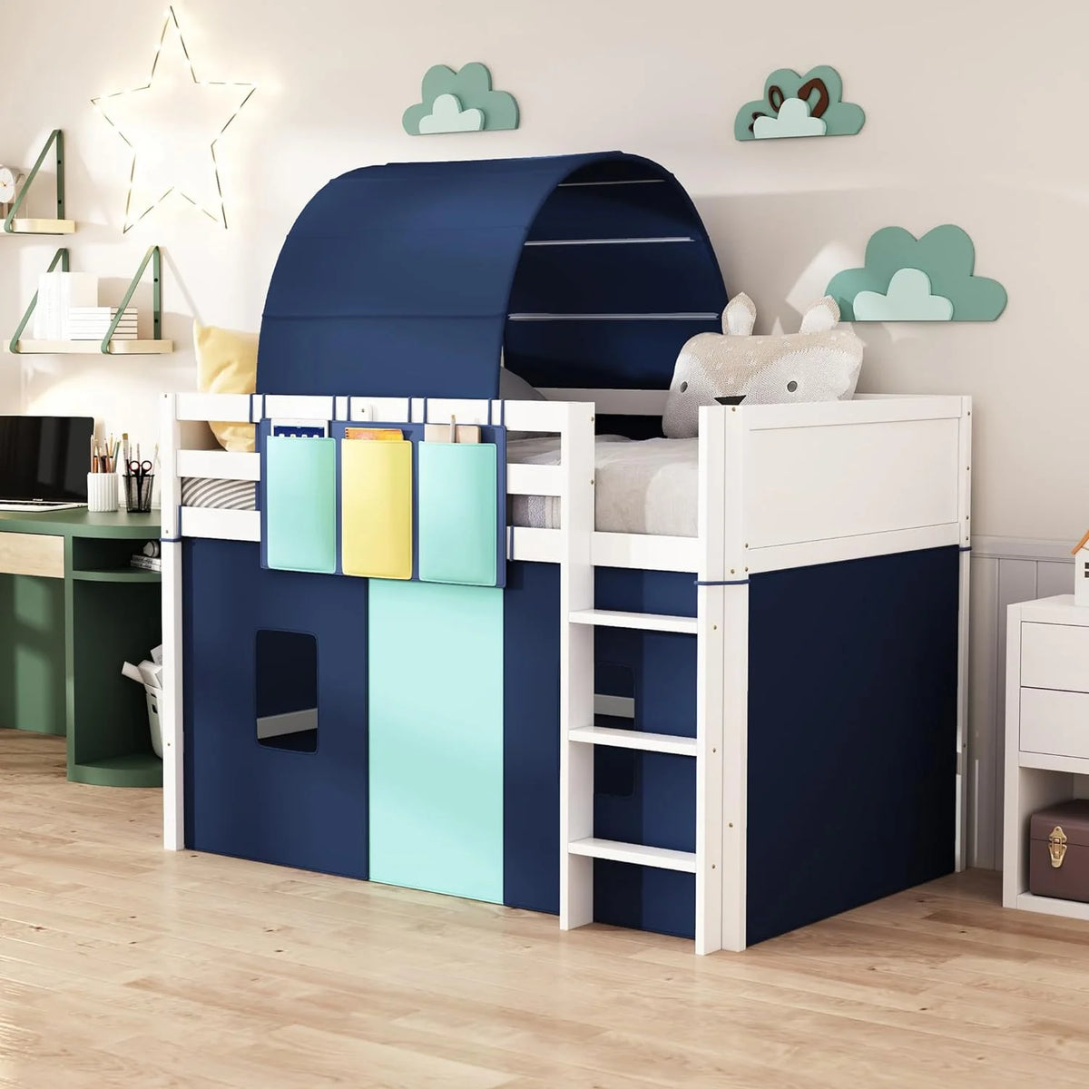 Blue Wood Low Loft Bed Frame with Tent, Tower and Three Pockets P869