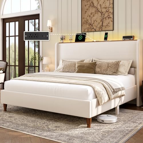 Queen Size Linen Upholstered Platform Bed Frame with Storage Shelf U698