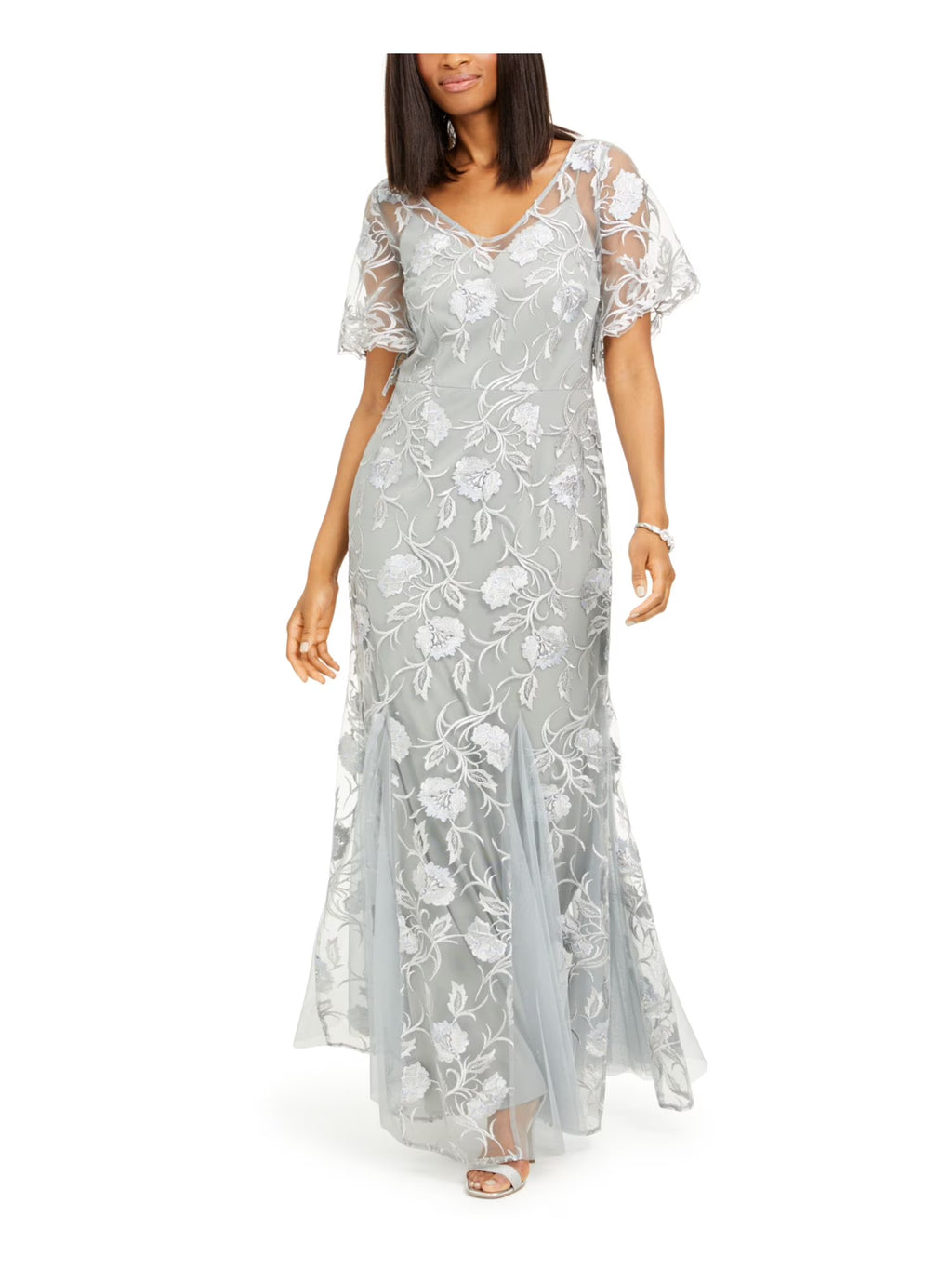 Gray Embroidered Floral Flutter Sleeve V Neck Full-Length Evening Gown Dress Petites 16P T63872