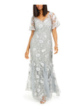 Gray Embroidered Floral Flutter Sleeve V Neck Full-Length Evening Gown Dress Petites 16P T63872