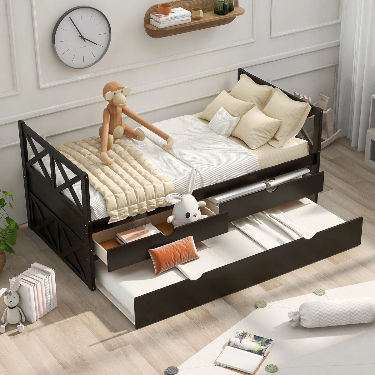 Solid Pine Wood Daybed with Two Drawers and Trundle T946693