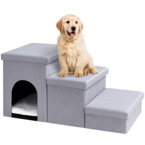 Gray 3 Steps Dog Stairs with Storage N724933